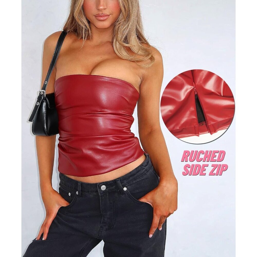 Women Faux Leather Sexy Ruched Strapless Tube Top for Night Out Party - Picture 2 of 6